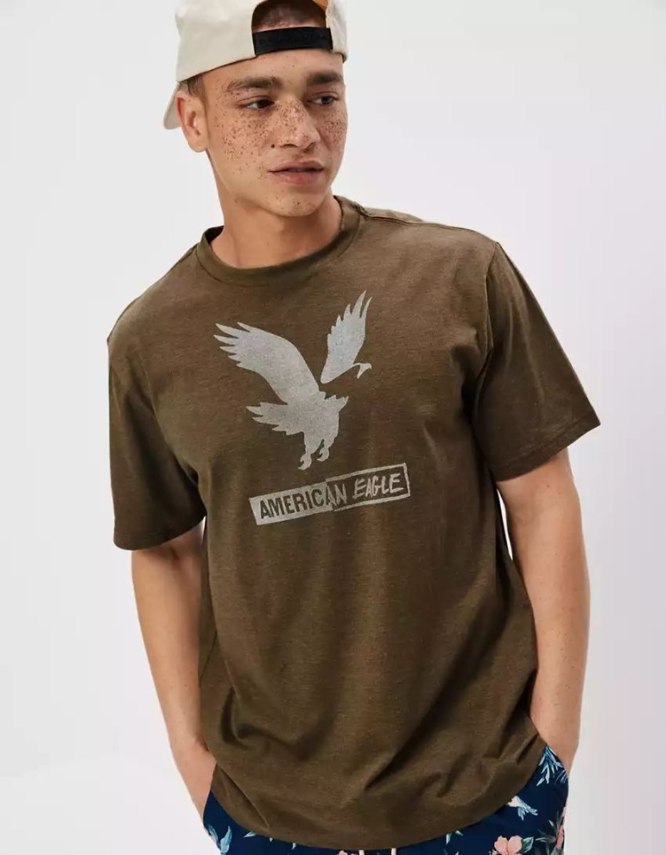 T Shirt Graphique American Eagle AE Super Soft Logo Vert Olive Homme | MHX-95600717